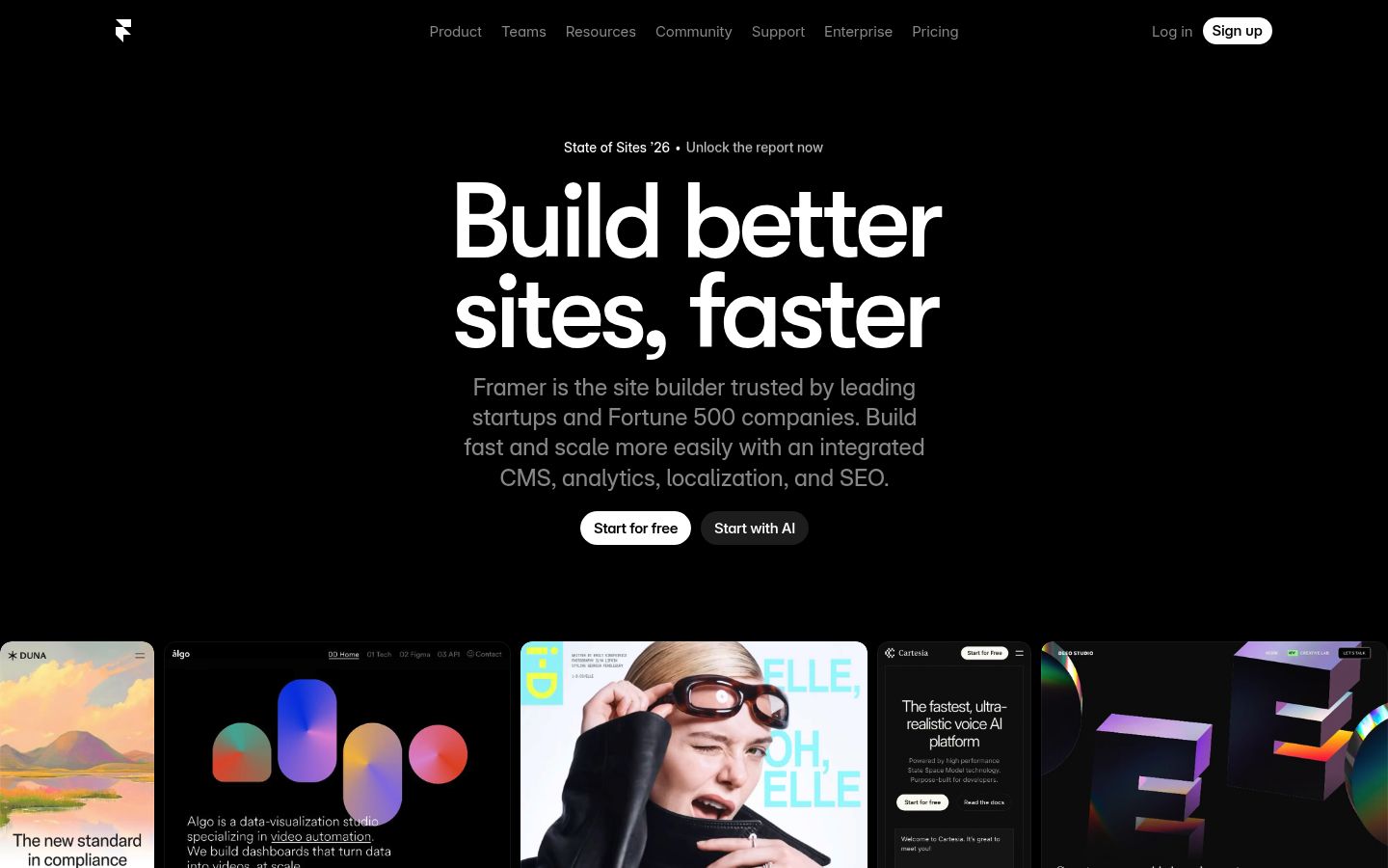 Screenshot of framer.com homepage as Lytms scored it on May 20, 2026