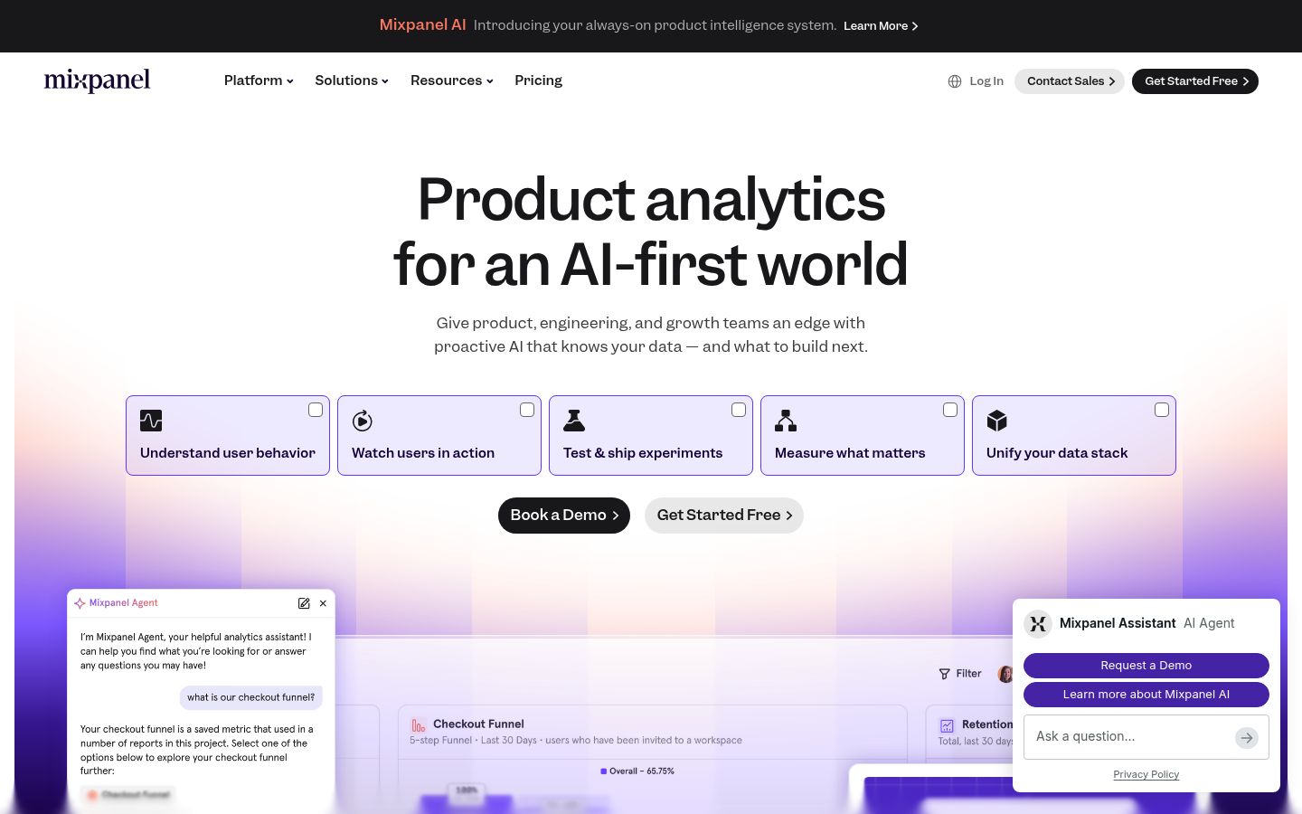 Screenshot of mixpanel.com homepage as Lytms scored it on May 20, 2026