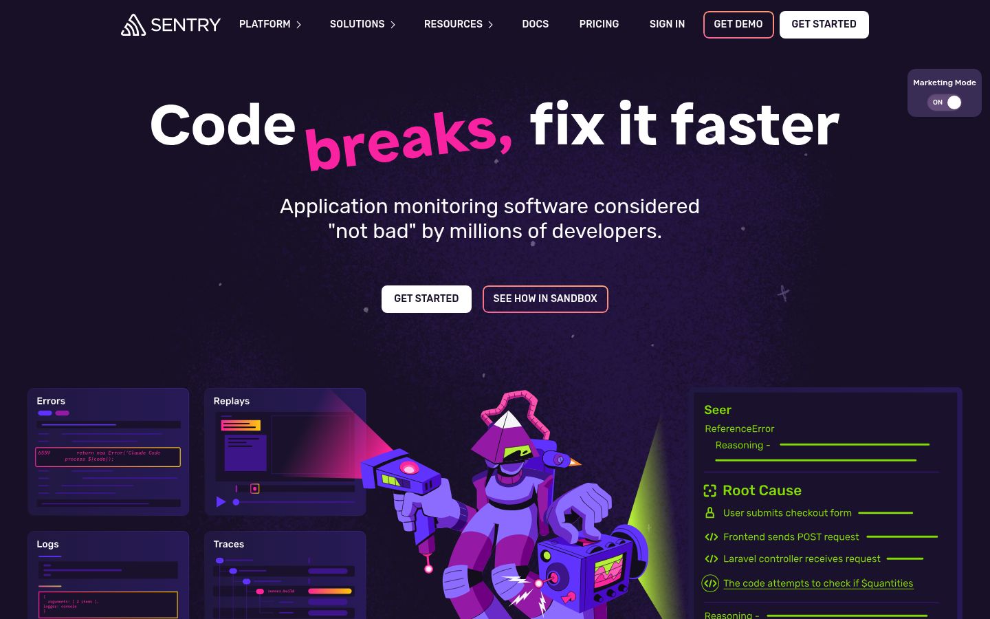 Screenshot of sentry.io homepage as Lytms scored it on May 14, 2026